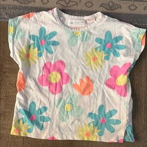 Zara Kids White Floral Tee with Pink, Teal & Yellow Flowers